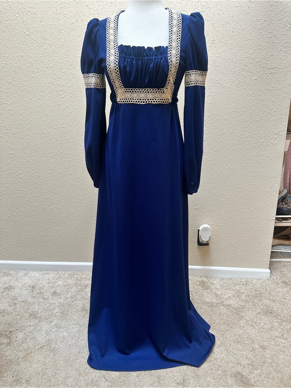 Vintage 70s Prairie Maxi Dress Milkmaid Long Sleeve Crochet Navy Cottagecore S